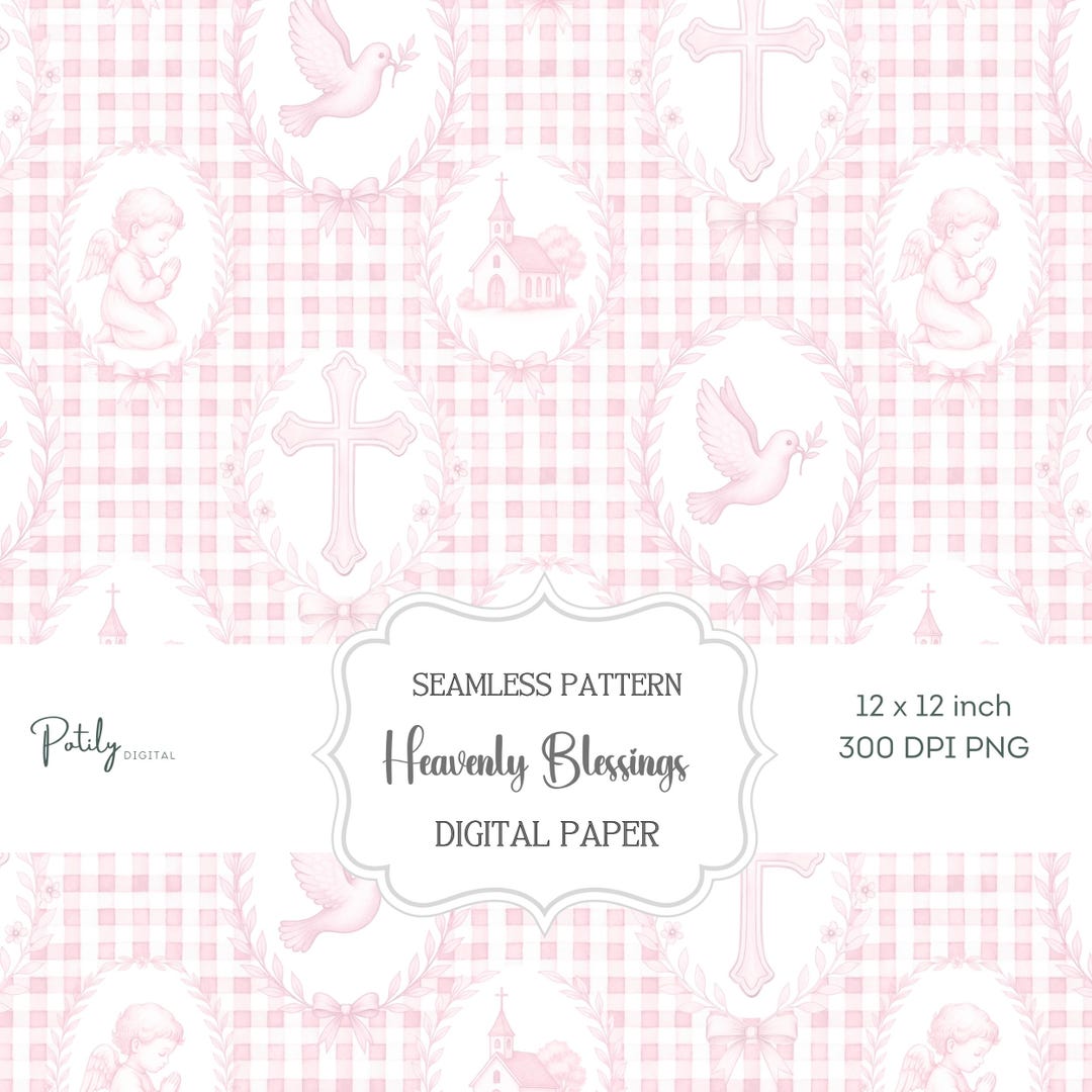 Pink Christian Pattern Christian Seamless Pattern, Pink and White Gingham Christening Digital ...