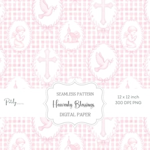 May include: A seamless digital paper pattern with a pink gingham background. The design features oval frames with a dove, cross, church, and praying angel. The text reads "Heavenly Blessings" and "Digital Paper". The image is 30.48 x 30.48 cm.