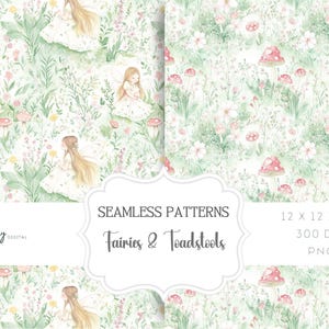 Modèle sans couture, papiers de fond floral fées et champignons vénéneux, motif répétitif, téléchargement numérique instantané, clipart, png