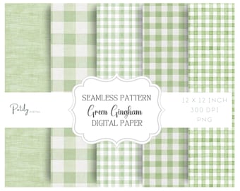 Sage Green Gingham Seamless Pattern Pack – Checkered Background, Plaid Pattern, Cute Cottage Green Gingham digital papers