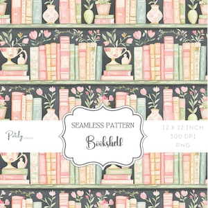 Bookish Nahtloses Muster, Bücherregalbibliothek Hintergrund, sich wiederholendes Design, sofortiger digitaler Download, Clipart, PNG