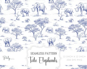 Chinoiserie Toile de Jouy Seamless Pattern – Nursery Animal Design, Elephant, Instant Digital Download Clipart for Papers, Fabrics, and More