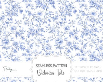 Chinoiserie Toile de Jouy, nahtloses Muster, Vintage Toile Hintergrund, hellblaues & weißes florales digitales Papier, viktorianisches Blumen PNG