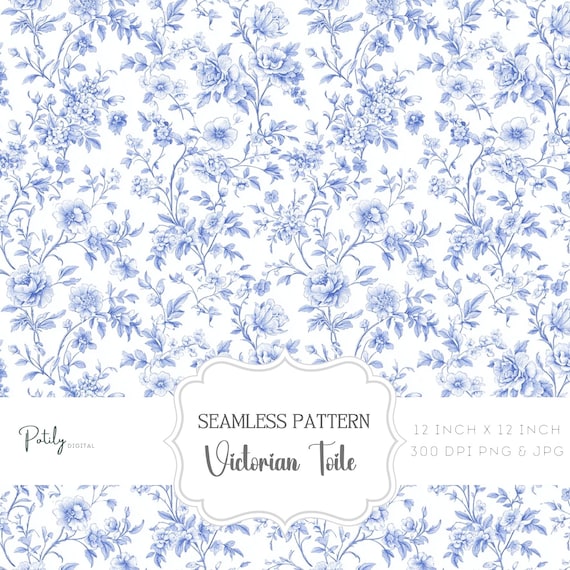 Chinoiserie Toile de Jouy, Seamless Pattern, Vintage Toile background, Light Blue & White Floral Digital Paper, Victorian Floral PNG
