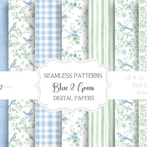 Seamless Digital Paper Set, Blue and Green Printable Scrapbook Papers, Baby Shower & Nursery Decor