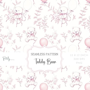Roze toile-teddybeer naadloos patroon, achtergrond kinderkamer/babydouche, digitale download, clipart voor papers en meer Instant Download, png