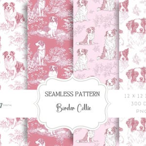 Roze toile de jouy digitaal papier - naadloos patroon, honden, border collie-honden, clipart voor papier, stoffen en meer - direct downloaden