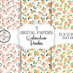 May include: Three digital paper designs featuring watercolor peach illustrations. Each design is 12 x 12 inches and 300 DPI. The peach designs are on a white background with green leaves.