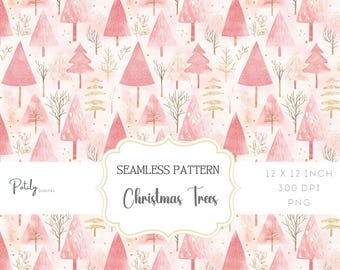 Naadloos roze kerstpatroon, roze en gouden kerstboom digitaal papier
