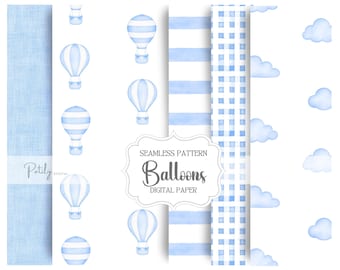 Blue Hot Air Balloon Digital Paper Bundle, Nursery Seamless Patterns, Baby Boy Nursery Decor, Watercolor Clouds, Stripes & Checks