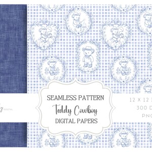 May include: Digital paper set with a blue gingham design and illustrations of teddy bears in cowboy outfits. The bears are in oval frames with floral details. The text reads "SEAMLESS PATTERN Teddy Cowboy DIGITAL PAPERS".