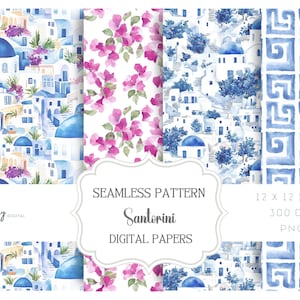 Op de afbeelding: Digitale papieren met aquarelontwerpen. De collectie bevat patronen van Santorini-architectuur met blauwe koepels en witte gebouwen, roze bloemen en een blauw geometrisch patroon. De tekst luidt "Seamless Pattern Santorini Digital Papers".