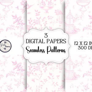 Rosa Toile de Jouy Chinoiserie Stil Digitales Papier - nahtloses Muster, Taufe, Taufe, zum Ausdrucken, Instant Download png Dateien.