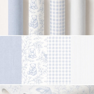 May include: Four rolls of wallpaper with various patterns. The first roll is textured linen in light blue. The second roll features a teddy bear toile design. The third roll is blue gingham, and the fourth is white pinstripe.