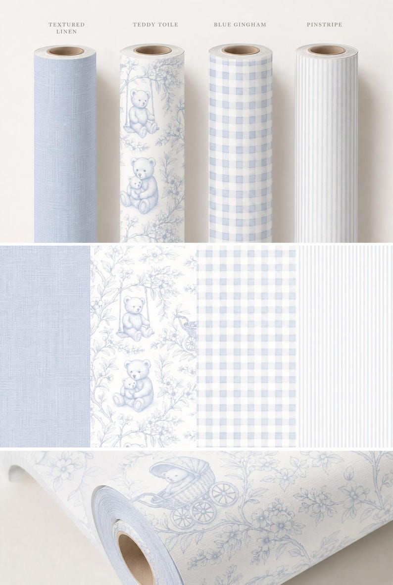 May include: Four rolls of wallpaper with various patterns. The first roll is textured linen in light blue. The second roll features a teddy bear toile design. The third roll is blue gingham, and the fourth is white pinstripe.