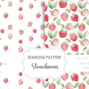 May include: Watercolor seamless pattern featuring red strawberries with green leaves on a white background. The design includes scattered strawberries and a repeating pattern of strawberries and leaves. The text "Strawberries" is displayed.