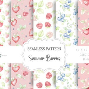 May include: A set of six digital seamless patterns featuring watercolor illustrations of strawberries, blueberries, and leaves on a pink and white background. The patterns are 12 x 12 inches, 300 DPI, and in PNG format. The text "Seamless Pattern Summer Berries" is displayed on a white banner.