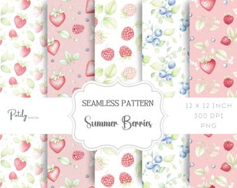 Strawberry Seamless Pattern - Watercolour summer berries pattern pack, Digital Paper - for Paper, Fabrics and more - Instant Download