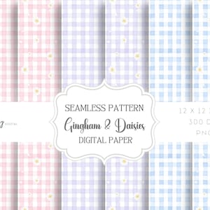 Może przedstawiać: Papier cyfrowy z wzorami w kratę w kolorze różowym, lawendowym i niebieskim, ozdobiony małymi akcentami stokrotek. Projekt zawiera tekst "Seamless Pattern Gingham & Daisies Digital Paper" i wymiary 30,48 x 30,48 cm.