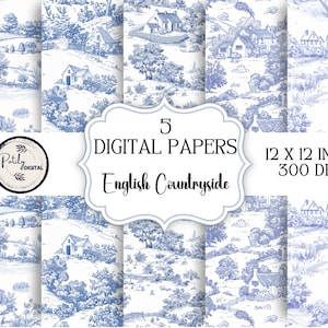 Chinoiserie Toile de Jouy digitaal papier - Engelse plattelandsscène, naadloze patroon clipart - png-bestanden direct downloaden.