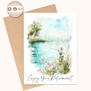 Tarjeta de jubilación imprimible, pesca de acuarela imprimible, descarga digital, impresión en casa, tarjeta DIY