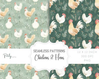 Puede incluir: Dos patrones sin costuras con ilustraciones de acuarela de pollos y gallinas sobre un fondo verde con flores blancas. Los patrones son de 12 x 12 pulgadas y 300 DPI.