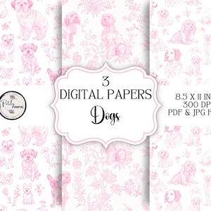 Toile de Jouy Digital Paper - Seamless Pattern, Dogs, Clipart for Paper, Fabrics and more - Instant Download png files.