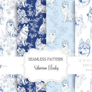 Toile de Jouy Digital Paper - Seamless Pattern, Dogs, Siberian Husky, Clipart for Paper, Fabrics and more - Instant Download