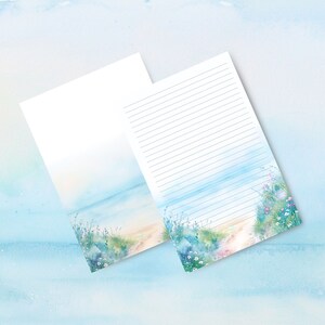 Printable writing journal paper with a beautiful beach and wildflowers background