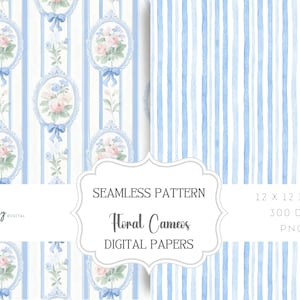 Op de afbeelding: Digitale papier set met twee patronen. Eén toont een herhalend ontwerp van bloemen cameo's met roze rozen en blauwe strikken op een gestreepte achtergrond. De andere is een aquarel streepjespatroon in blauwtinten. De tekst luidt "Floral Cameos Digital Papers".