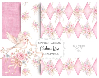 Chateaucore Harlequin Seamless Pattern Pack, Pink Grandmillennial Digital Paper, Floral Backgrounds, Romantic Nursery Papers