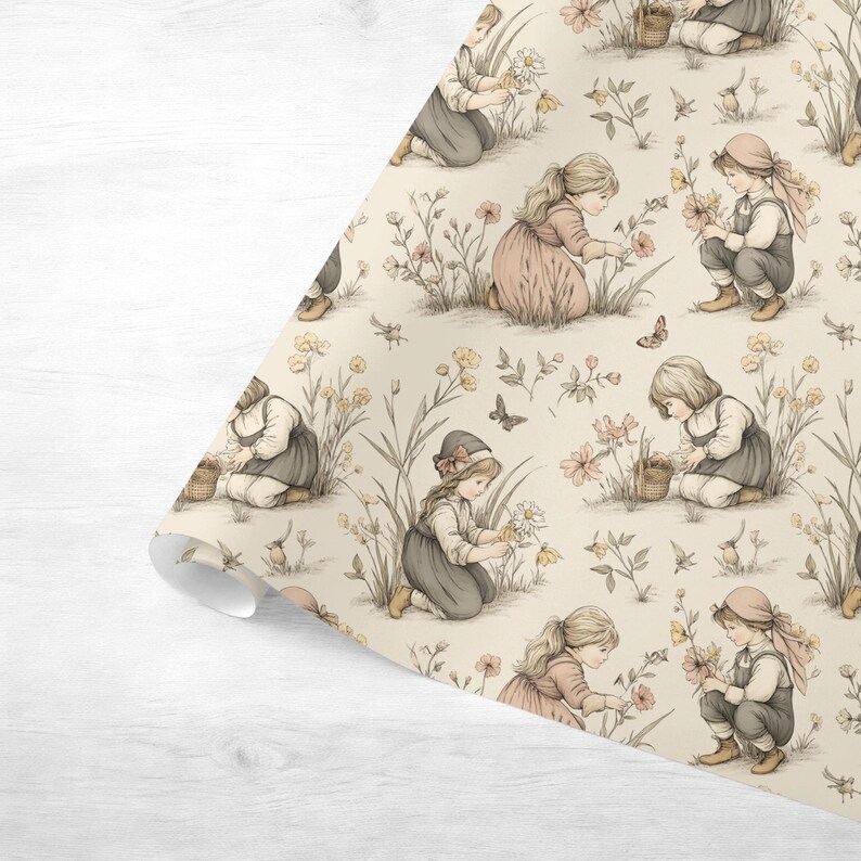 Seamless pattern in a vintage storybook toile style featuring girls picking pretty wildflowers. Soft ink and watercolor illustration in muted tones of sandy beige, pale blue, and warm grey.