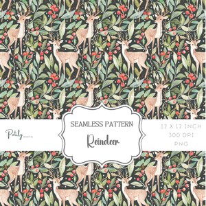 May include: Seamless pattern featuring reindeer, leaves, and berries in a repeating design. The color palette includes shades of brown, green, and red against a dark background. The pattern is 12 x 12 inches.