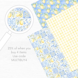 Pastel watercolor seamless pattern featuring Sicilian lemons, Amalfi Coast–inspired stripes, Santorini-style Mediterranean tiles, and delicate fruit motifs. Soft, airy colors with a hand-painted look evoke a romantic Mediterranean summer aesthetic