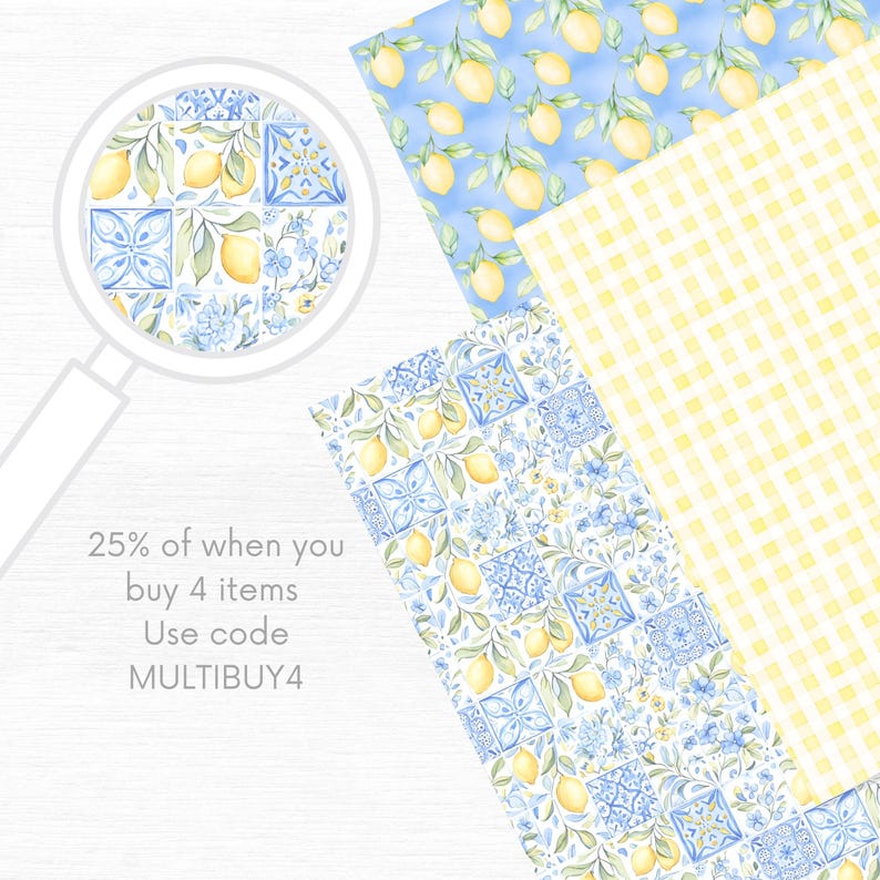Pastel watercolor seamless pattern featuring Sicilian lemons, Amalfi Coast–inspired stripes, Santorini-style Mediterranean tiles, and delicate fruit motifs. Soft, airy colors with a hand-painted look evoke a romantic Mediterranean summer aesthetic