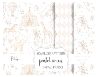 Seamless Circus Pattern, Pastel Nursery Toile, Vintage Carnival Animals, Watercolour Baby Fabric Design, Floral Circus Digital Paper