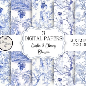 Può includere: Cinque carte digitali con un motivo blu e bianco di geishe e fiori di ciliegio. Le carte misurano 12 x 12 pollici e 300 DPI.