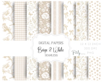 Beige Toile Seamless Digital Paper Set – Coquette Bows and Preppy Patterns, Beige and White Printable Scrapbook, Baby Shower & Nursery Decor
