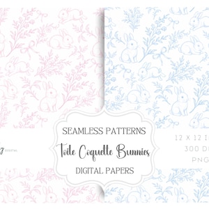 Rabbit Toile Seamless Pattern Pack, Easter Bunny Coquette Bow Chinoiserie Digital Paper, Vintage Nursery Pattern