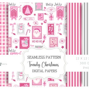 May include: Digital paper set featuring a variety of Christmas-themed patterns. The designs include pink and white gingham, vertical stripes, and postage stamp-style illustrations with Santa Claus, Christmas trees, and holiday greetings. The set is 12 x 12 inches.