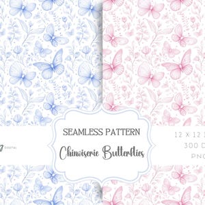 Chinoiserie toile de Jouy Seamless Digital Paper, borboleta, Padrões de berçário, Papelaria de casamento, download instantâneo