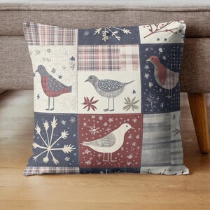 Seamless Christmas patchwork digital paper set with rustic plaids, holiday trees, snowflakes, and birds in a red, navy, and cream color palette. 12x12 inch 300dpi digital scrapbook papers for festive crafts, invitations, and printables.