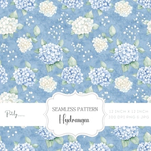 May include: A seamless pattern featuring blue and white hydrangeas on a light blue background. The pattern is 12 inches by 12 inches and is available in 300 DPI PNG and JPG formats. The text "SEAMLESS PATTERN Hydrangea" is included in the image.