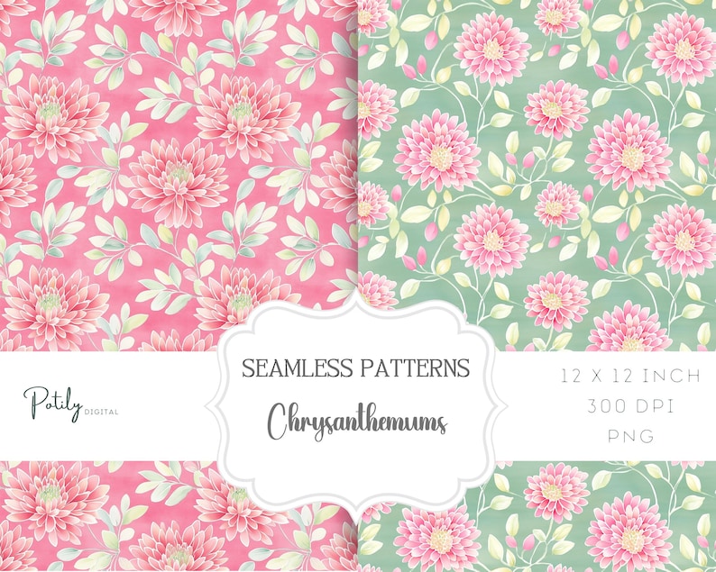 Whimsical and vibrant seamless floral pattern with bright spring chrysanthemum flowers creating a seamless and lively design in stunning pink and green