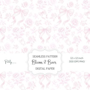 May include: A seamless digital paper design featuring a repeating pattern of light pink bows and roses on a white background. The design includes the text "Blooms & Bows" and is 12 x 12 inches.