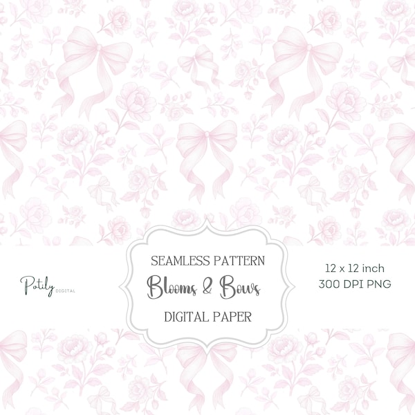 May include: A seamless digital paper design featuring a repeating pattern of light pink bows and roses on a white background. The design includes the text "Blooms & Bows" and is 12 x 12 inches.