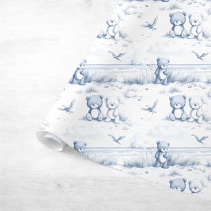 Modern toile seamless nursery pattern featuring a whimsical beach scene with teddy bears ideal for baby nursery and summer themed projects