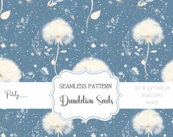Naadloos patroon, paardebloemzaden, cottagecore, instant digitale png-download, clipart voor papier, stoffen, POD en meer