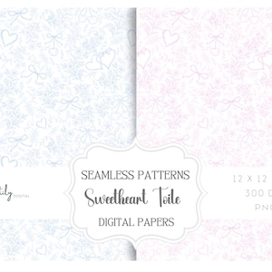 May include: Two digital paper designs with a repeating pattern of hearts, bows, and floral elements. One design is light blue on white, the other is pink on white. The text "Sweetheart Toile" and "Digital Papers" is displayed.