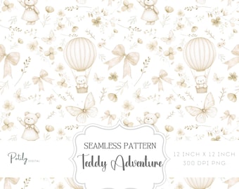 Chinoiserie toile de jouy, beige neutrale naadloze kinderkamerachtergrond, teddyberen, instant digitale download, voor papier, stoffen en meer